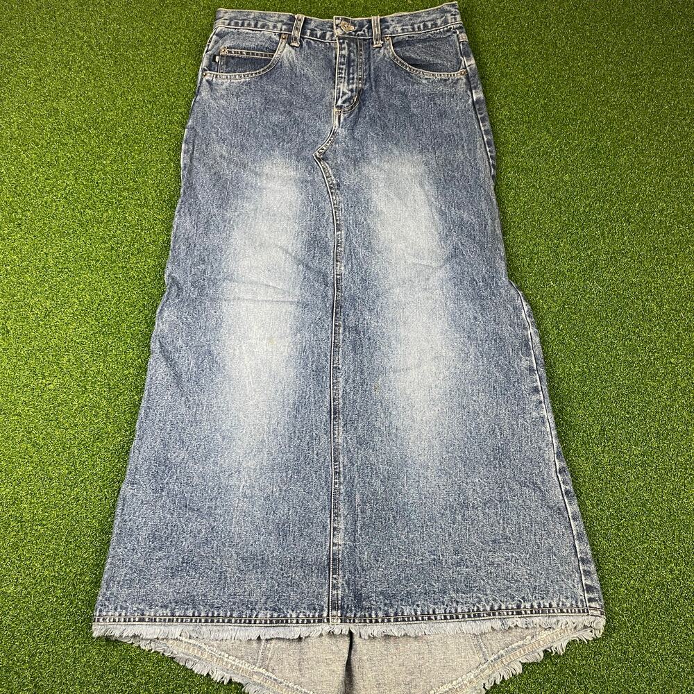 Vintage 90s Quiz New York Blue Denim Frayed Hem Retro Maxi Skirt Sz 5/6